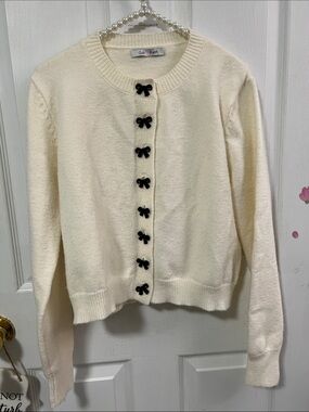 Cream Knit Cardigan with Black Bow Buttons